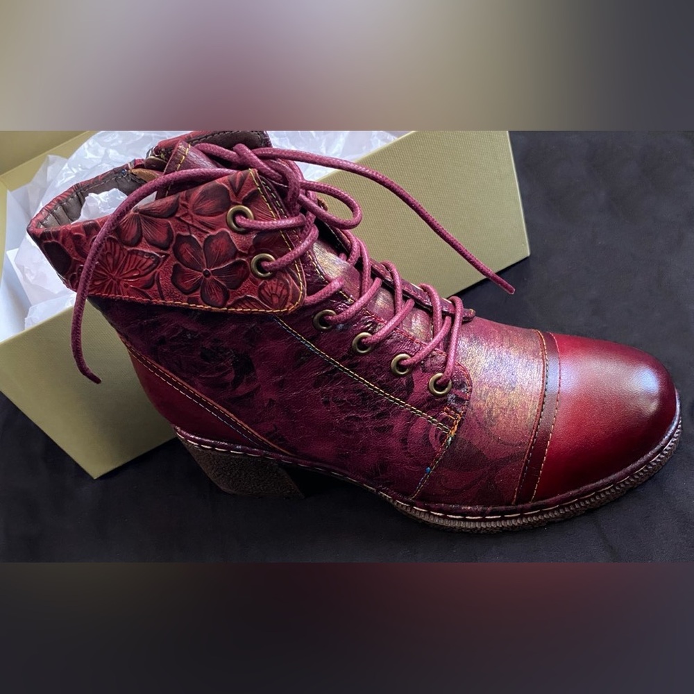 Spring Step L’Artiste Fall In Luv Bordeaux Floral Leather Ankle Boots